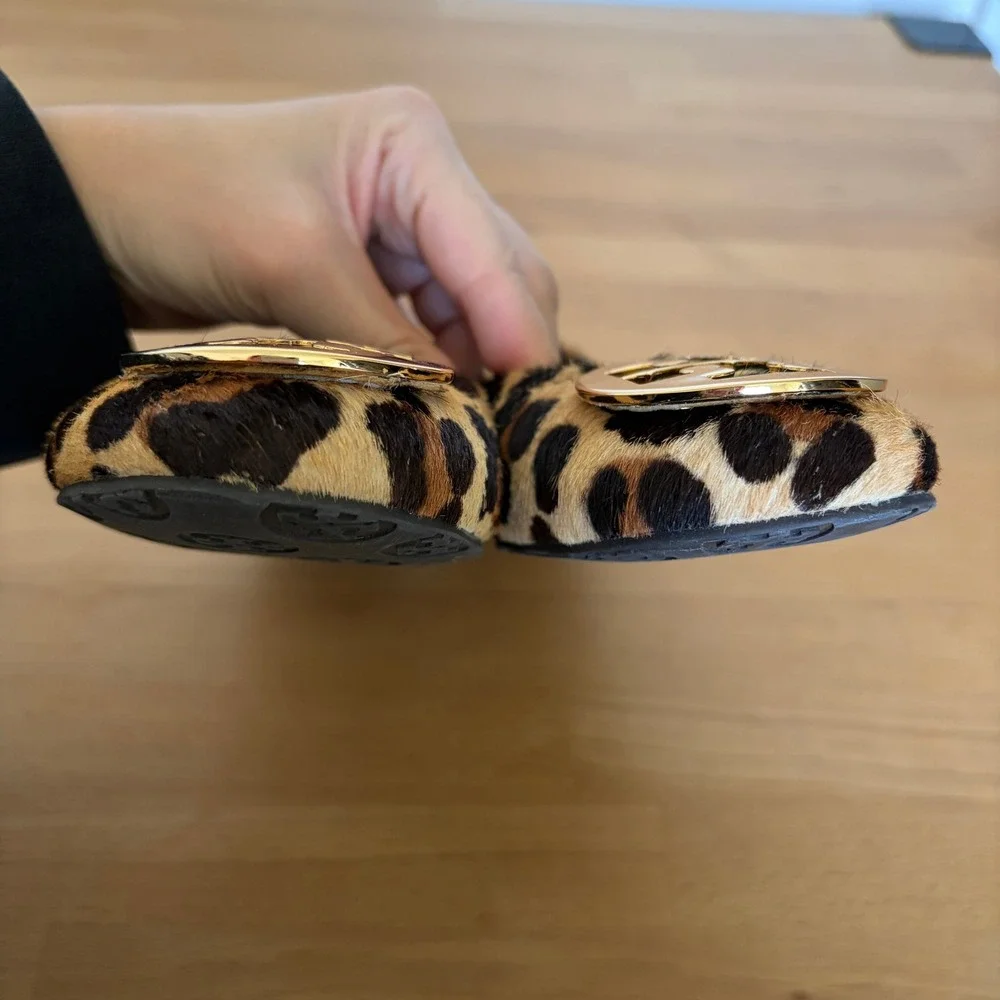 Tory Burch Reva Leopard Print Calf Hair Ballet Flats Gold Logo Brown Tan 8.5
